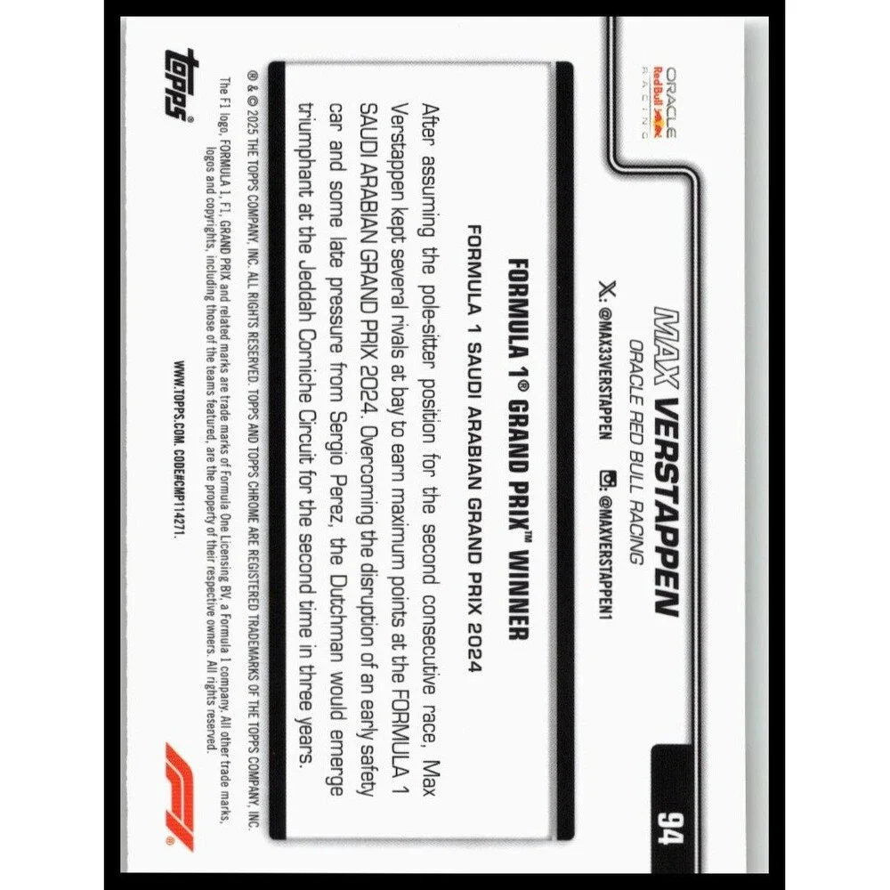 2025 Topps Chrome Formula 1 Max Verstappen #94 Oracle Red Bull Racing